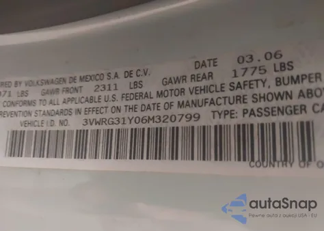 2006 Volkswagen New Beetle 2.5 from USA, damaged, VIN 3VWRG31Y06M320799